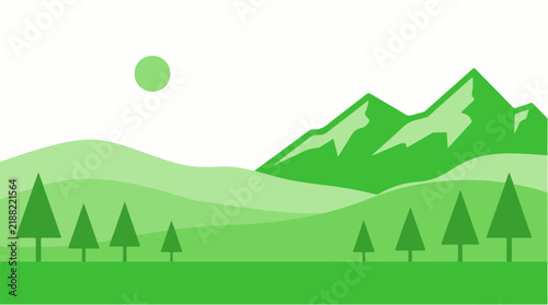 Minimalist green mountain landscape vector illustration with rolling hills pine trees and sun for banner background