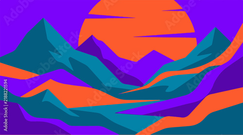Flat vector illustration of mountain landscape with large setting sun and geometric peaks in vibrant neon colors