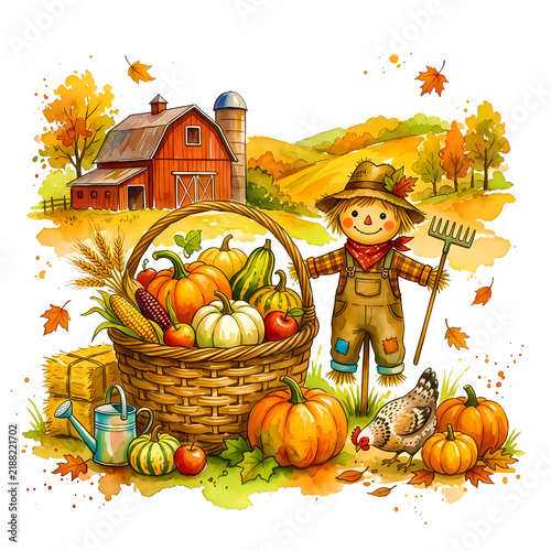Abundant Farm Harvest Collection with Fresh Vegetables Fruits and Wheat Watercolor Illustration for Autumn