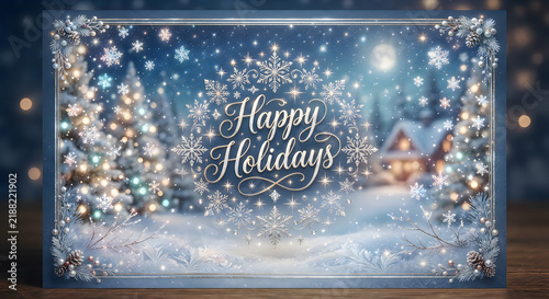 Elegant happy holidays greeting card with glittery snowflakes and festive background