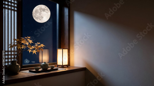 A full moon, warm lantern, ceramic tea set and golden branches create a refined Mid-Autumn Festival night interior