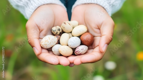 Hands Holding Colorful Eggs Surrounded by Greenery, Celebrating Nature and Seasonal Joy