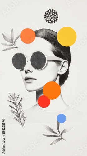 Contemporary Art Fusion: Stylish Woman with Abstract Shapes and Nature Elements