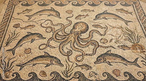 Ancient Roman mosaic with octopus dolphins and fish