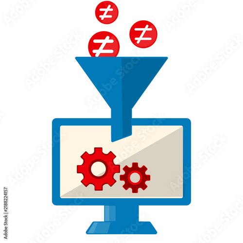 Принти на полотні Content curation concept showing multiple hashtag icons entering a funnel and flowing toward a computer, representing digital organization and information filtering