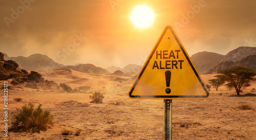 Heat alert warning sign in a dry desert landscape during sunset