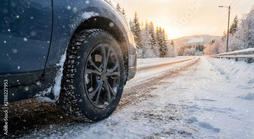 Large off-road tire driving on snowy road with motion blur