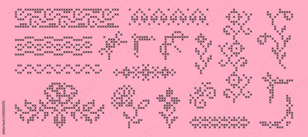 Fototapeta premium Vector set of embroidered cross stitch patterns on pink background. Decorative flowers and seamless floral border frame designs, lace details for handmade textile art and craft sewing projects
