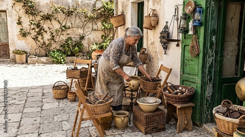 Elderly woman crafting pottery in traditional courtyard
