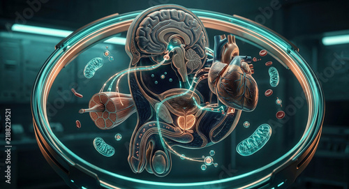Male endocrine and cardiovascular anatomy with heart, prostate, brain, muscle fibers, biomarkers, mitochondria, and nutrition cells connected by luminous strands.