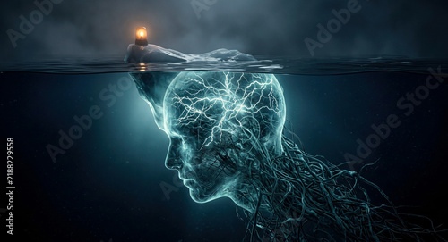 Mental health demand iceberg with clinic beacon above water and a submerged head silhouette tangled in stress threads
