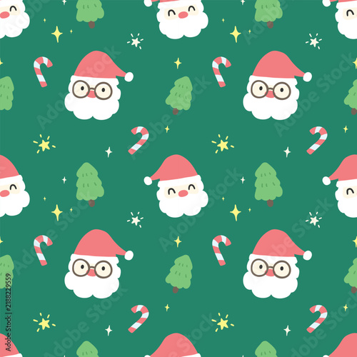 Cute seamless Christmas pattern featuring Santa Claus, Christmas trees, candy canes and stars on a green background. Perfect for holiday wrapping paper, fabric, stationery and seasonal designs.
