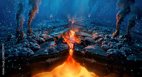 Deep ocean mid-ocean ridge with diverging tectonic plates, lava fissure, black smoker plumes, pillow lava, and bioluminescent particles