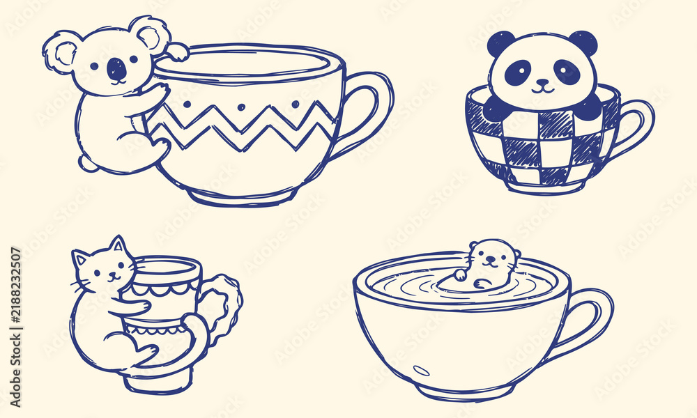 Obraz premium Cute handdrawn doodle set of various animals sitting in or hugging coffee cups