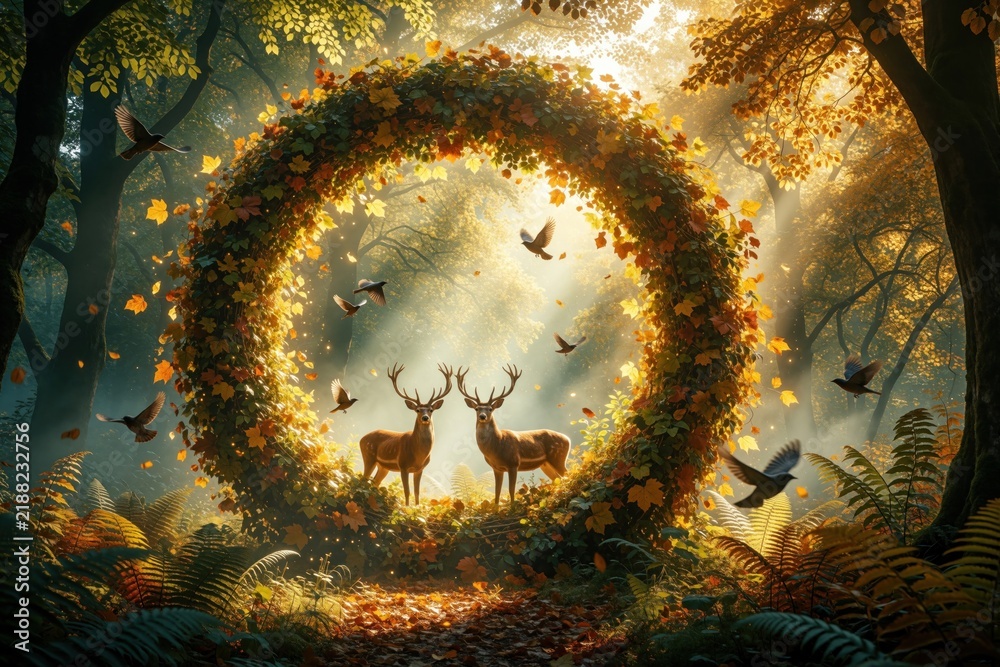 Fototapeta premium Magical forest scene with two deer standing inside autumn leaf ring. Flying birds circle around golden woodland animals. Sun rays shine through trees in enchanted. Fantasy nature landscape with warm