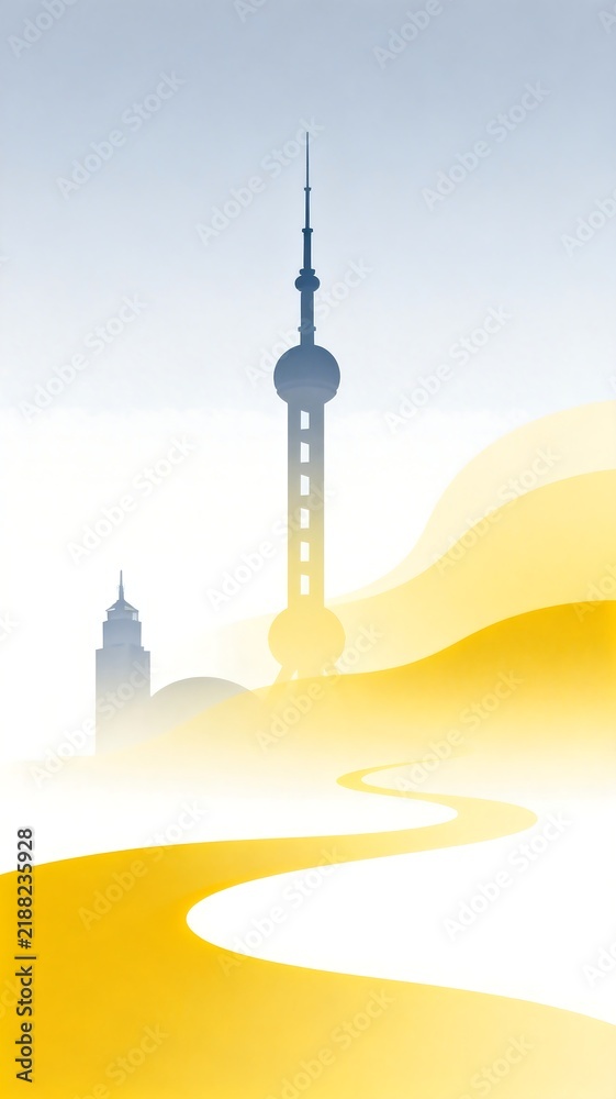 Obraz premium Stylized Illustration of Modern Urban Skyline with Curved Yellow Lines