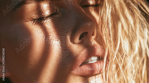 Close up of woman face with wet skin and hair in bright sunlight glow