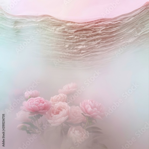 Soft pink peonies bloom in misty, dreamlike haze