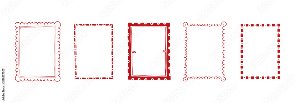 Obraz premium Doodle stamp frames ornament hand drawn set. Rectangle wave line postal border illustrations for wedding, greeting cards and party invitation. Whimsical corrugated simple label retro design collection