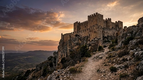 Medieval castle on rocky cliff at sunset