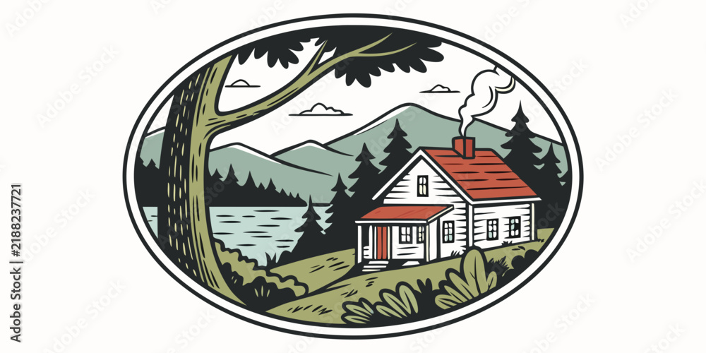 Obraz premium Vintage style oval badge illustration of a rustic cabin in a mountain forest landscape with rustic cottage
