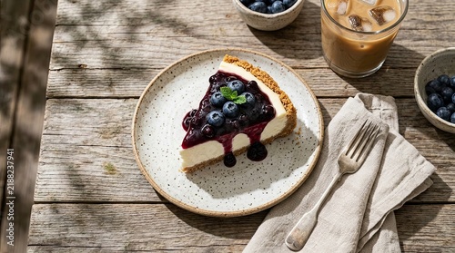 Slice of blueberry cheesecake on rustic wooden table