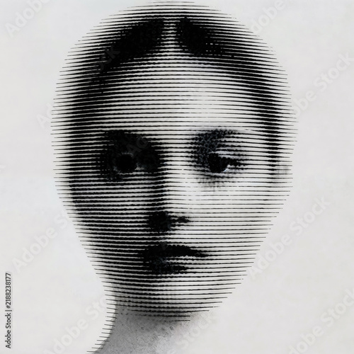 Abstract Human Face Emerging from Screen Grid