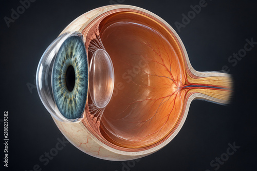 Human eye cutaway with lens and retina in 3D