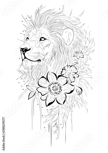 Black and white boho line art poster, majestic half lion face merged with blooming flowers, tattoo style illustration.