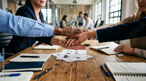 Diverse team hands stacked together on conference table, symbolizing unity and collaboration