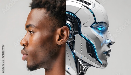 Profile portrait of a young Black man merged with a futuristic AI robot head.