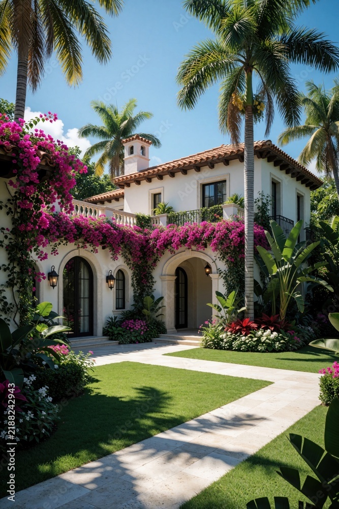 Fototapeta premium Elegant white Mediterranean style villa with vibrant pink bougainvillea cascading over arched entrance. Rich green lawn, palm trees, tropical plants surround luxury residence under bright sunny sky.