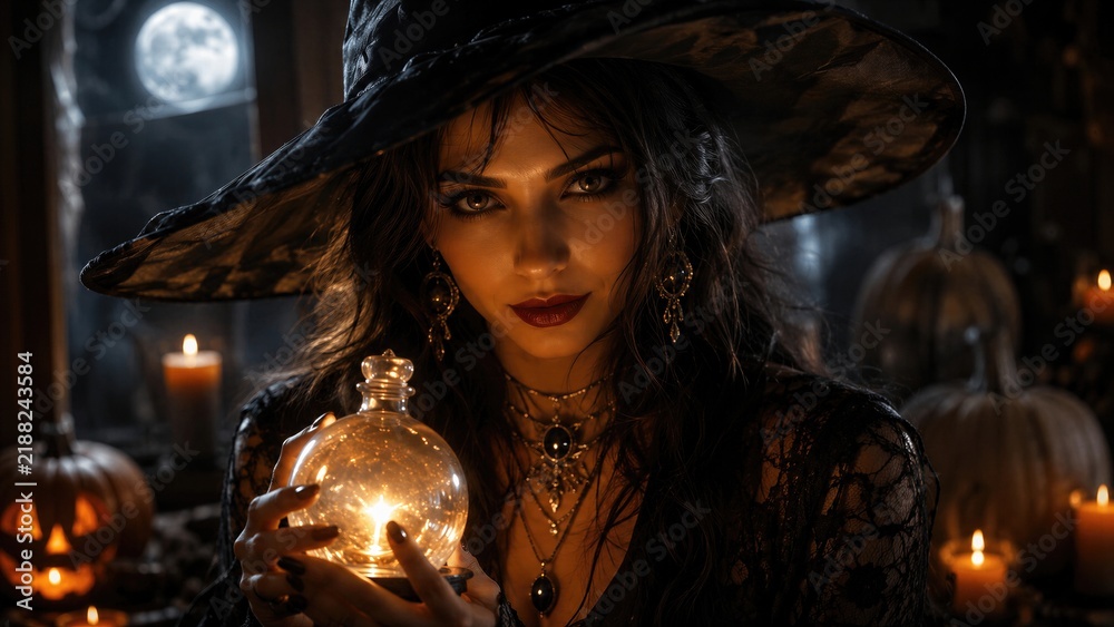 Fototapeta premium Beautiful woman in witch costume holding glowing magic potion bottle in dark room with candles and pumpkins. Halloween night sorcery and mystic atmosphere.