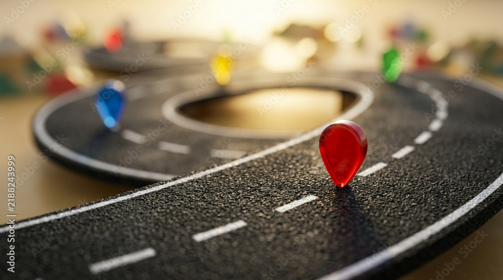 Obraz premium Colorful road map pins on winding asphalt path, strategy and journey concept