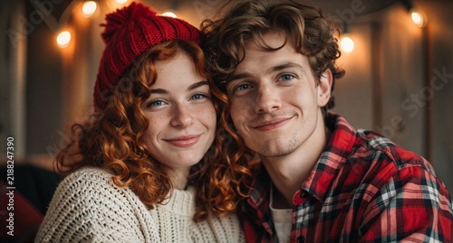 Happy Young Couple in Winter Clothes with Christmas Lights