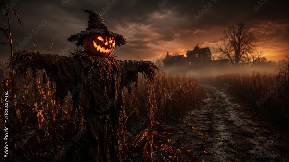 Obraz premium Scary scarecrow with glowing jack o lantern pumpkin head in witch hat standing in misty corn field at sunset. Creepy autumn farm landscape with old haunted house.