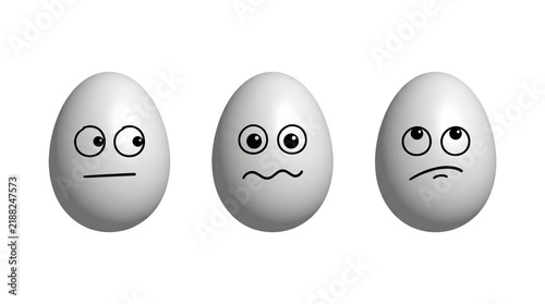 Konstfotografi Three white eggs with funny cartoon faces showing different expressions of worry