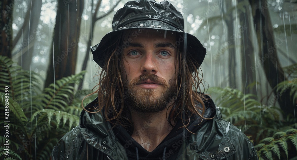 Obraz premium Man in Raincoat and Hat Standing in Rainy Forest Forest Landscape