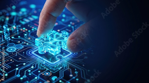 Hand placing glowing blue puzzle piece onto futuristic circuit board