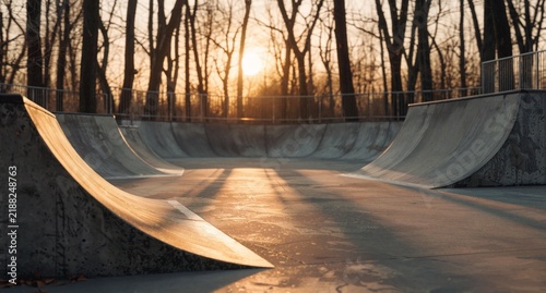 Empty Skate Park at Sunset with Concrete Ramps and Trees