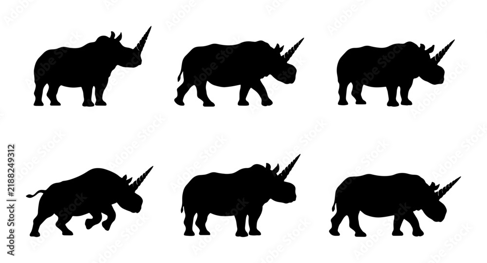 Obraz premium Rhino Silhouette Icons, Wildlife Animal Vector Graphics, African Safari Mammal Set