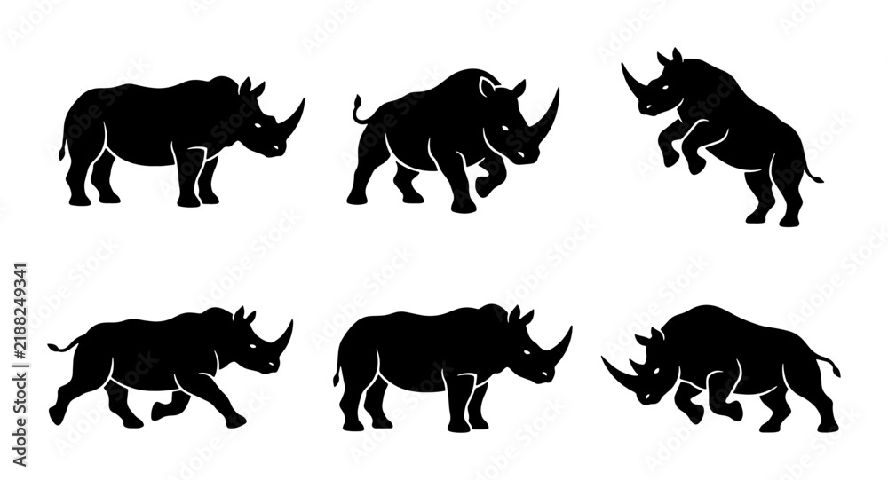 Fototapeta premium Rhino Silhouettes Collection, Six Diverse Poses, Wildlife Vector Icons, African Animal Graphics