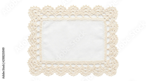 Rectangular white fabric napkin featuring intricate decorative cream crochet border edges displayed in a symmetrical style on transparent background