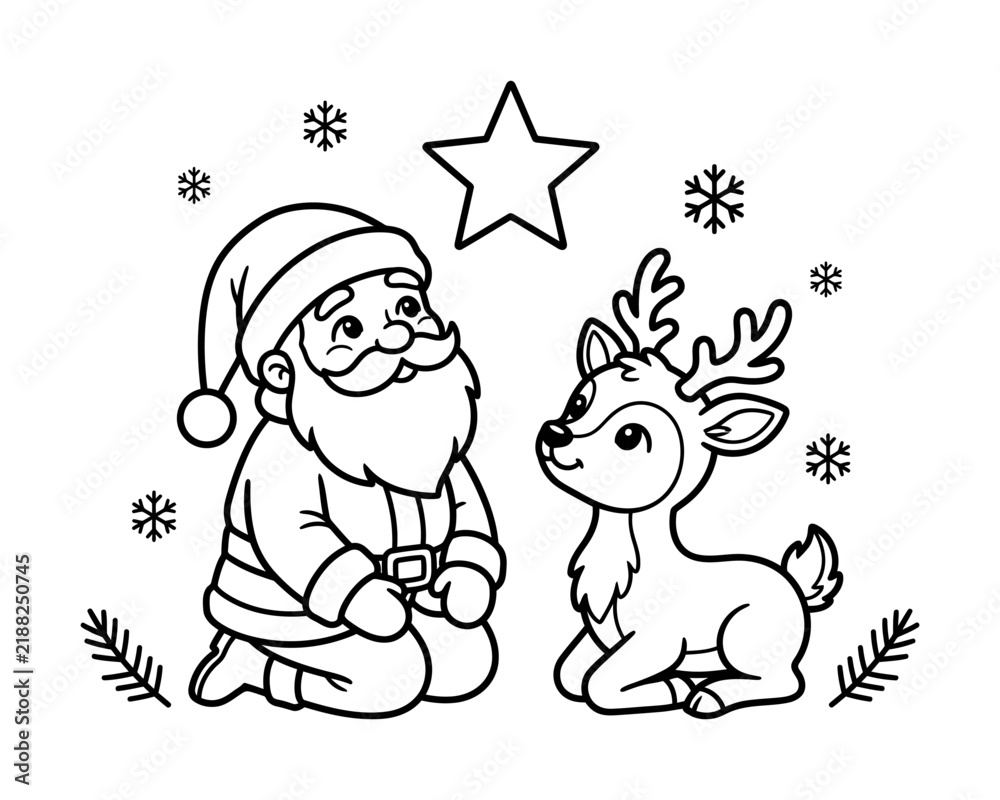 Naklejka premium Cute outlined santa and reindeer sleigh vector design for festive holiday coloring book page illustration