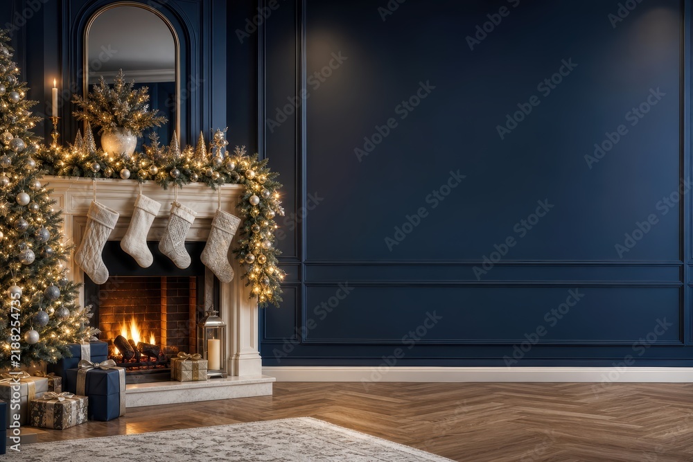Obraz premium Elegant Christmas fireplace with garland and warm candles
