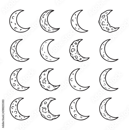 Collection of hand drawn crescent moon phases with craters against a white background isolated