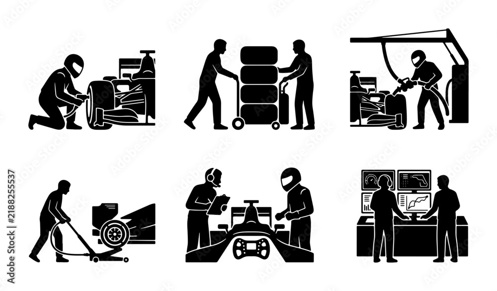 Obraz premium Formula 1 Pit Stop Icons, Racing Car Service, Mechanic Teamwork, Motorsport Mechanics, Automotive Repair Set