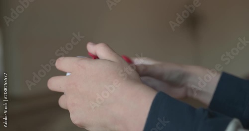 Caucasian kid hands use joystick remote controller. Boy play video game. 4K 10-bit