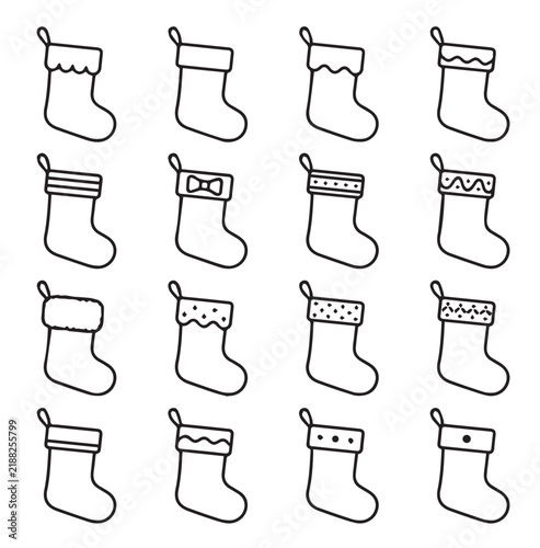 Collection of hand-drawn Christmas stockings with festive patterns on a white background