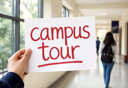 Hand holding campus tour sign in a bright university hallway with students walking by